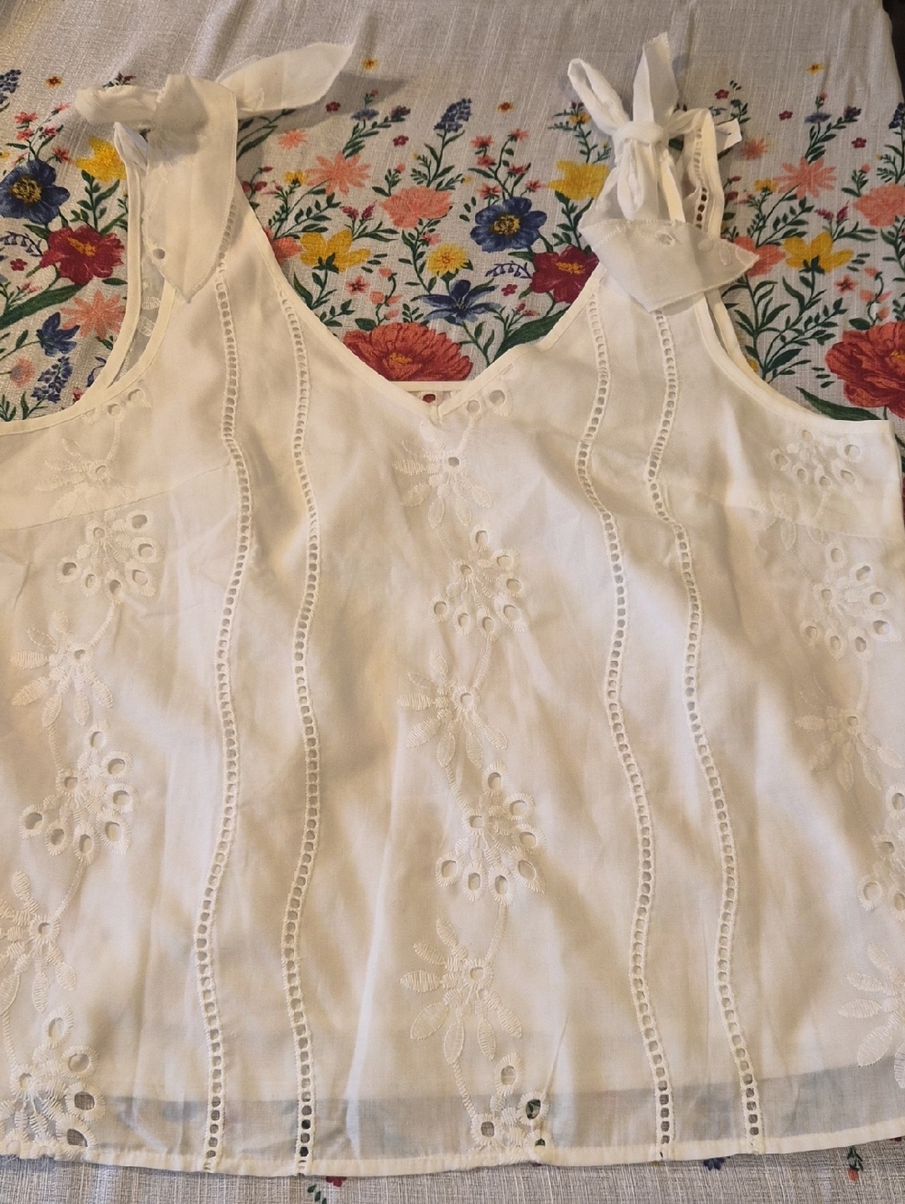 White Embroidered Tie-Shoulder Tank Top
